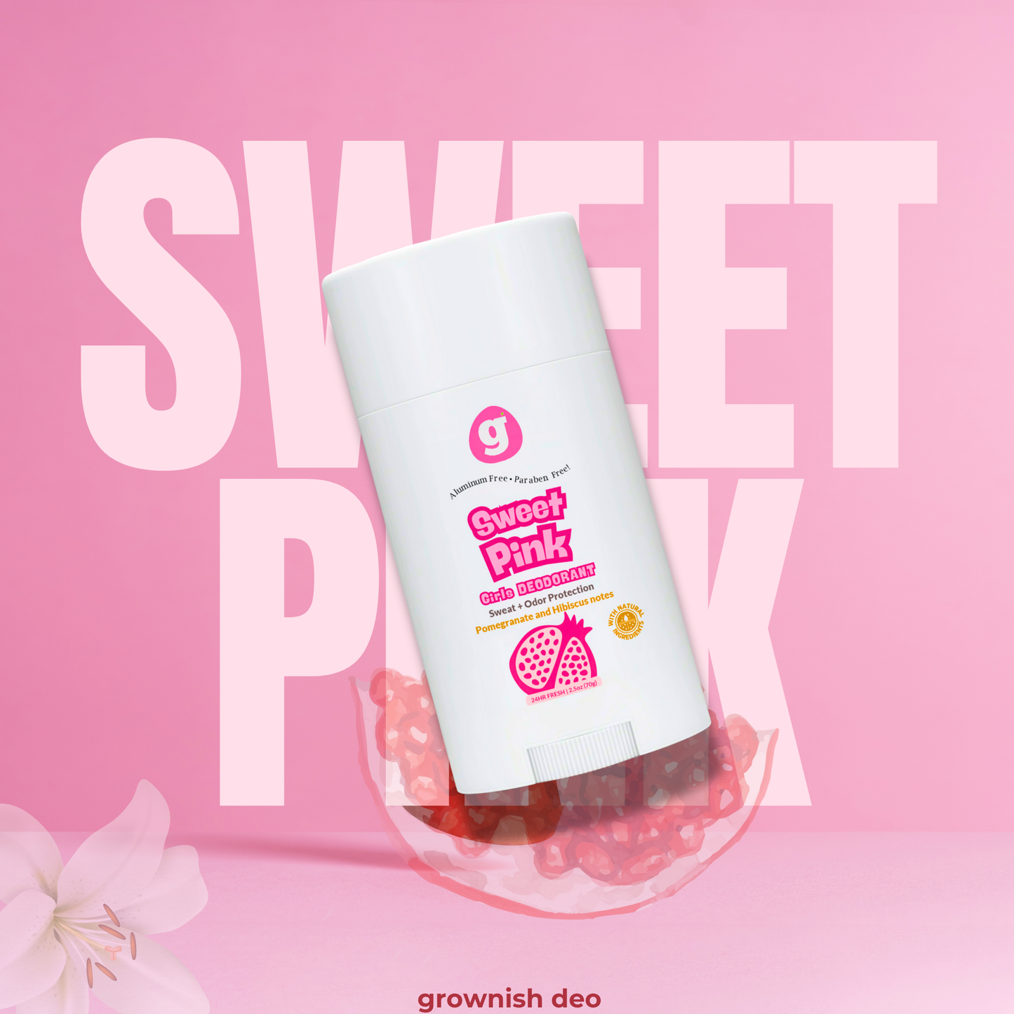 SWEET PINK  Kids Deodorant for Girls 8 up - Non-Toxic  - Pomegranate & Hibiscus scent (2.5oz)