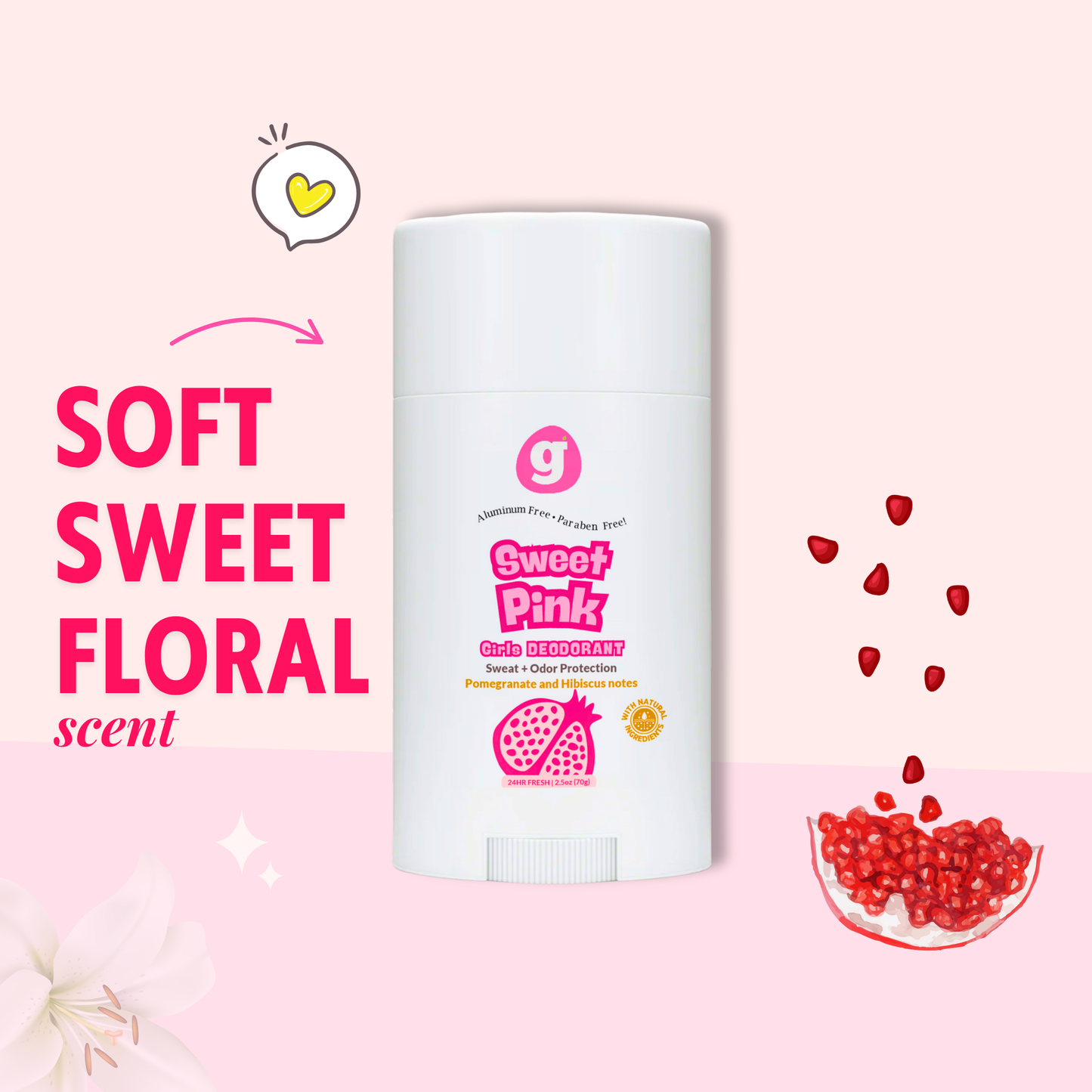 SWEET PINK  Kids Deodorant for Girls 8 up - Non-Toxic  - Pomegranate & Hibiscus scent (2.5oz)