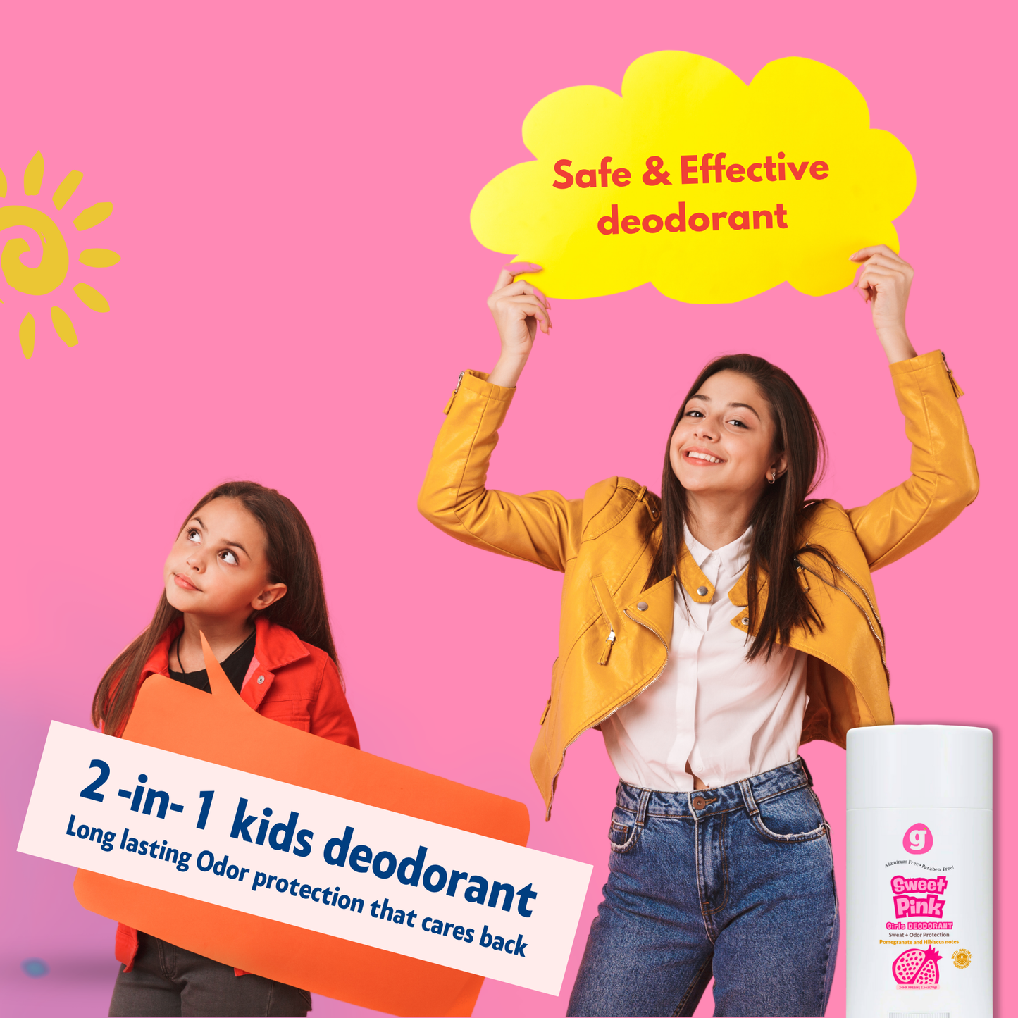 SWEET PINK  Kids Deodorant for Girls 8 up - Non-Toxic  - Pomegranate & Hibiscus scent (2.5oz)