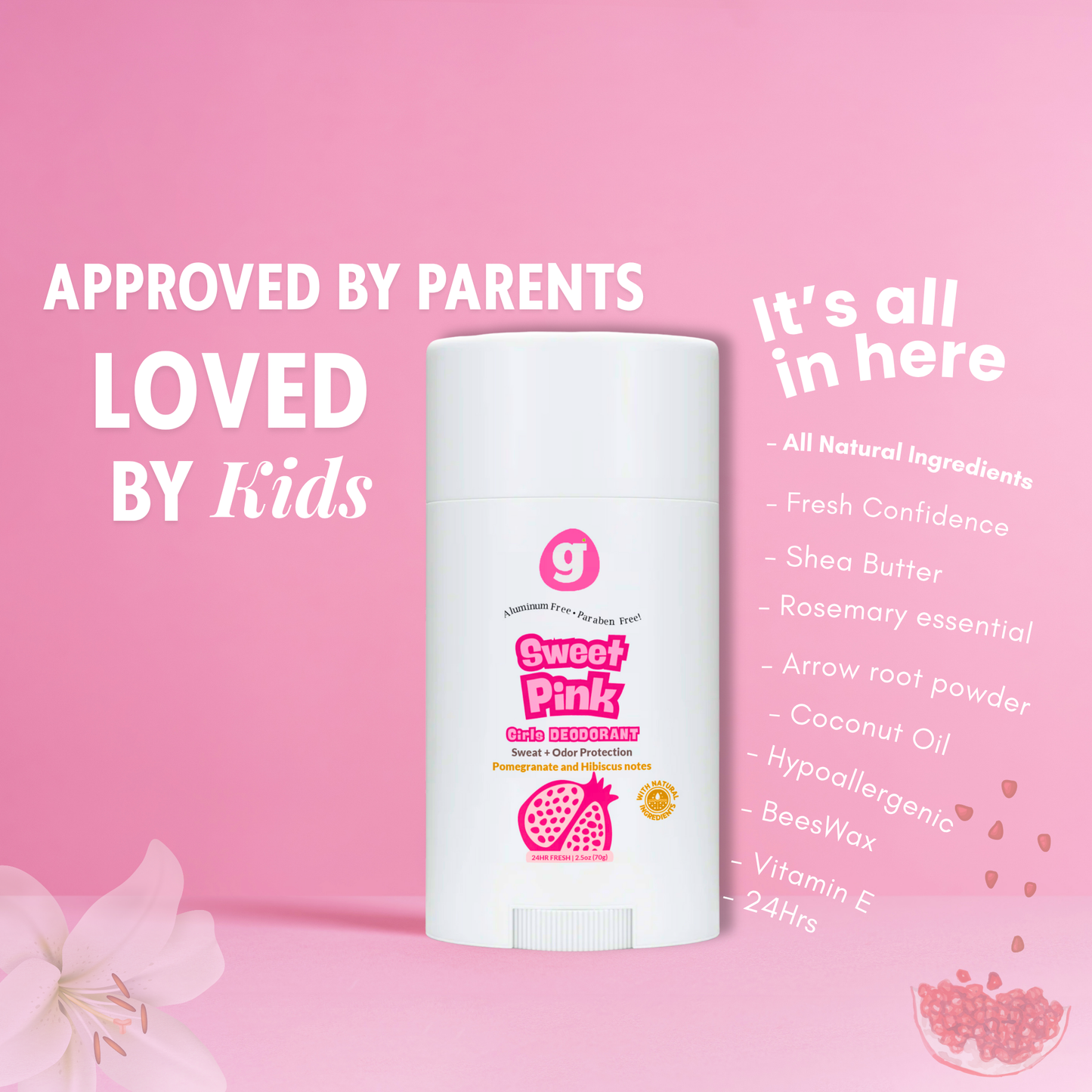 SWEET PINK  Kids Deodorant for Girls 8 up - Non-Toxic  - Pomegranate & Hibiscus scent (2.5oz)