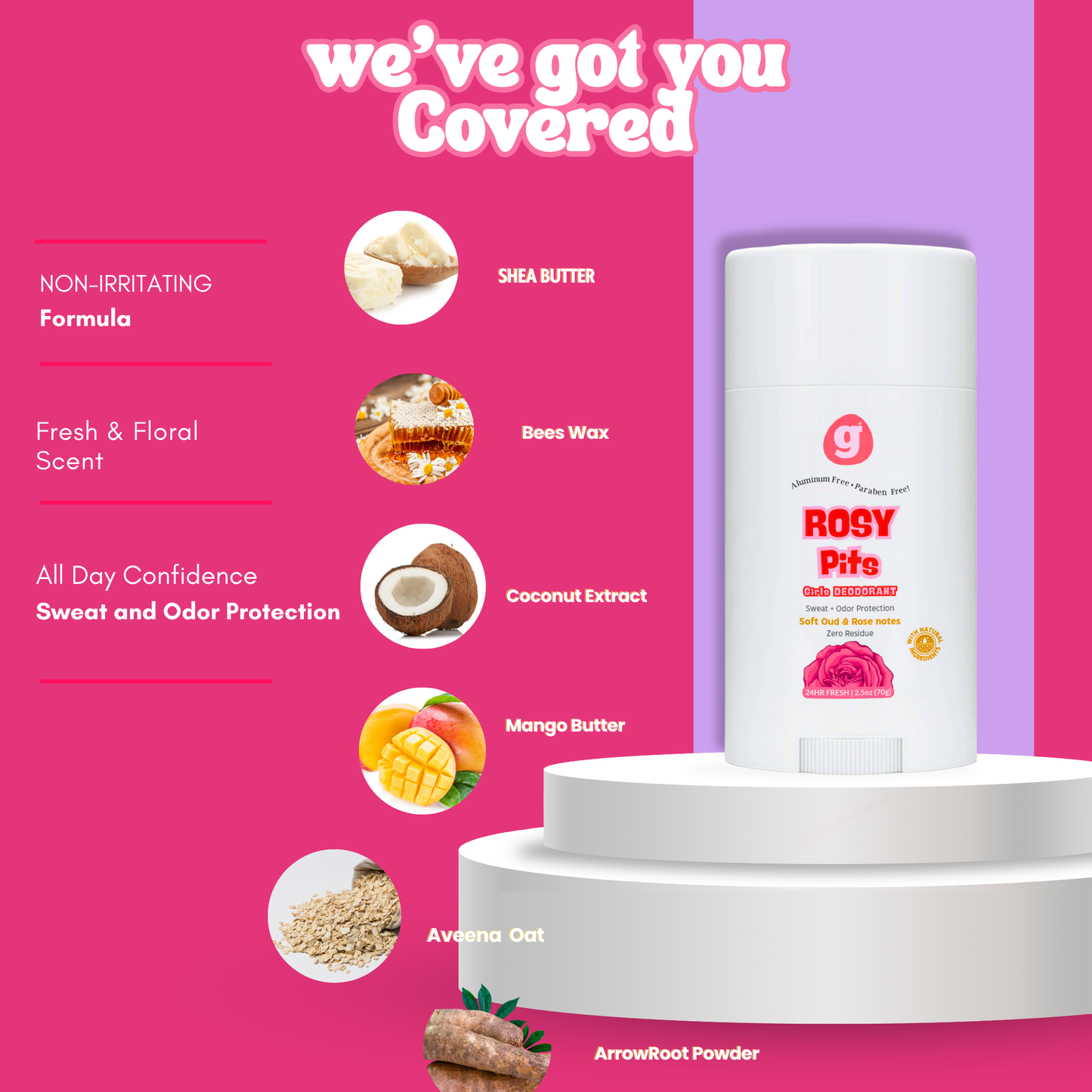 ROSY-PITS Natural Deodorant For Women & Girls - ALUMINUM FREE 2.5oz