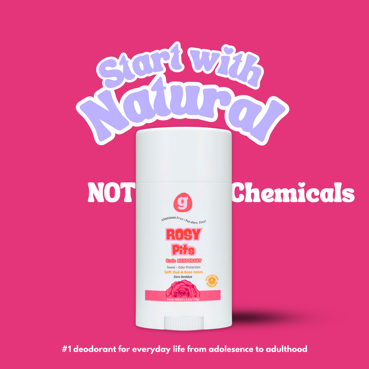 ROSY-PITS Natural Deodorant For Women & Girls - ALUMINUM FREE 2.5oz