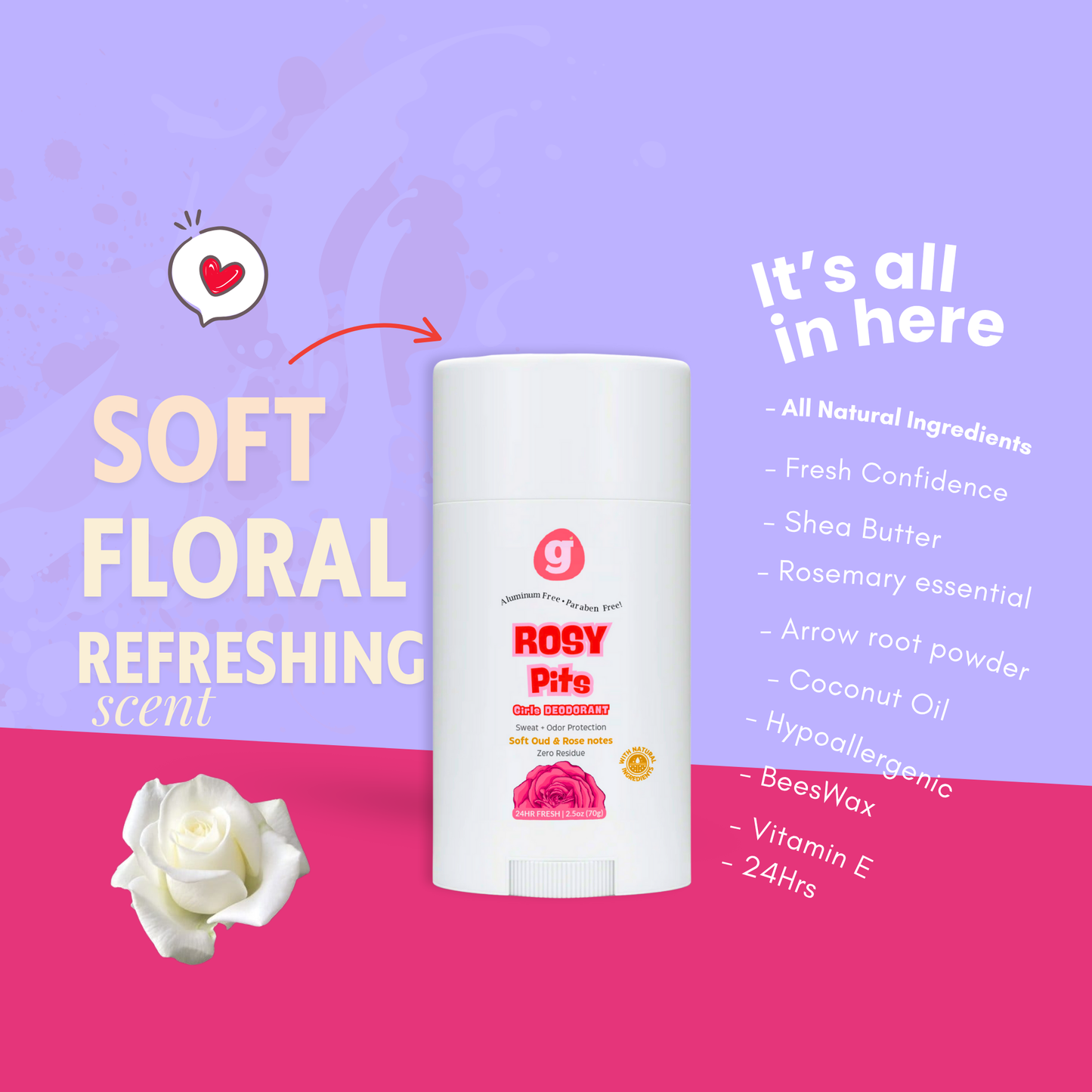 ROSY-PITS Natural Deodorant For Women & Girls - ALUMINUM FREE 2.5oz