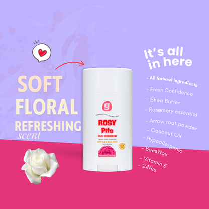 ROSY-PITS Natural Deodorant For Women & Girls - ALUMINUM FREE 2.5oz